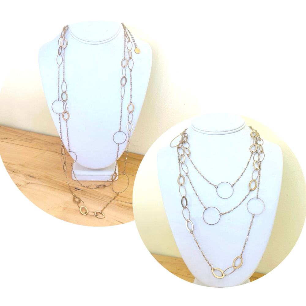 Necklace Vtg 80s Long Layered Geometric Retro Station Link Open Circle Oval